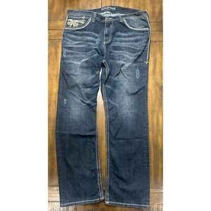 Affliction Grant Jeans Mens 38 Dark Wash Flap Pocket Embroidered Biker Y2K